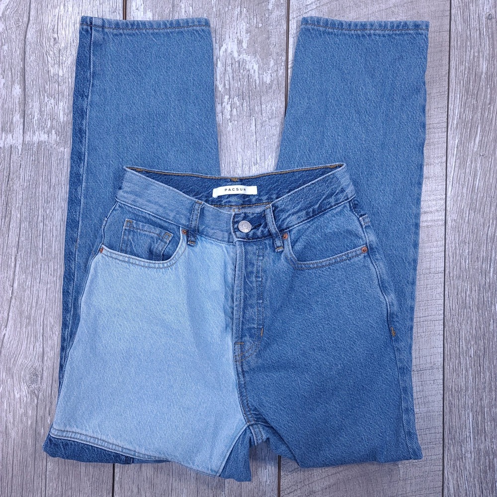 PacSun Straight Jeans Women 23 Blue Patchwork High Rise Button Fly Denim - Picture 2 of 7